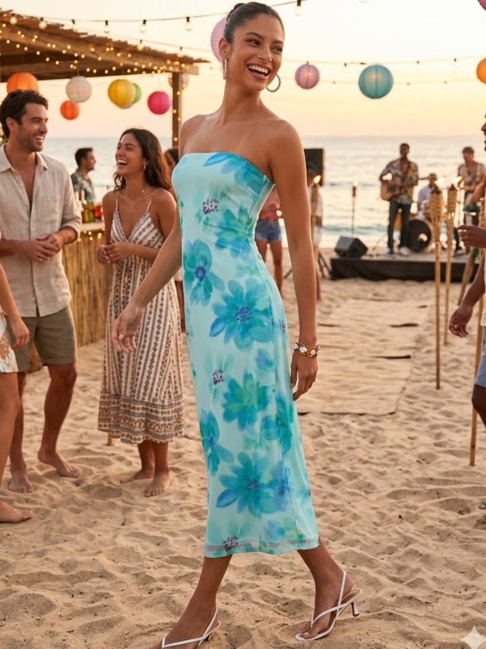 New Lulu's Jaylah Aqua Floral Fitted Strapless Midi VACATION DRESS Sz Medium